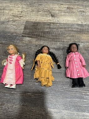 American Girl Three Mini Doll Lot in Pink and Mustard Outfits